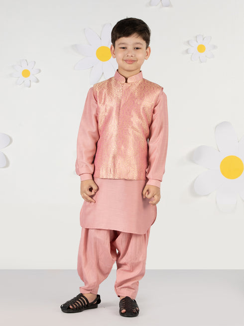 Boy's' Pink Jacket, Kurta And Patiala Set
